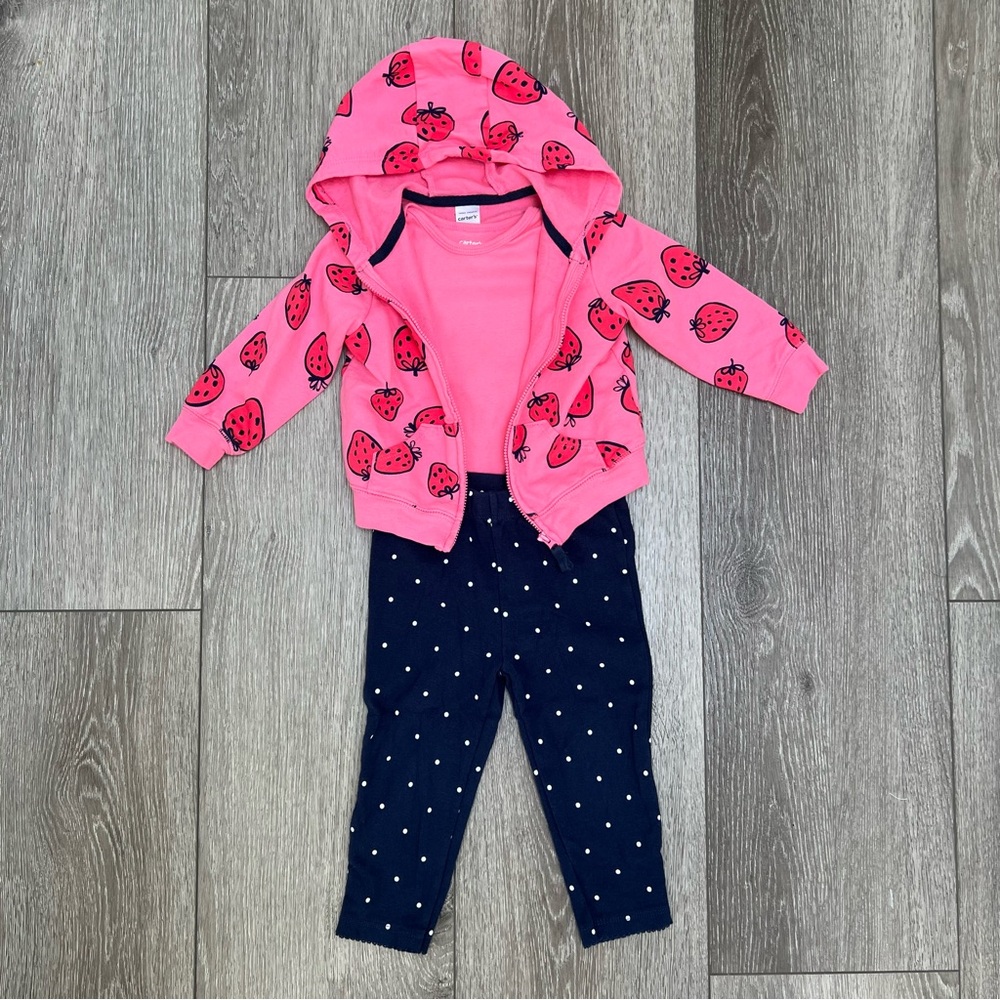 CARTERS 3PC ZIP UP HOODED SWEATSHIRT BODYSUIT AND PANTS SET 18MO